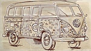 Vintage hippie bus. Hand drawn illustration on old paper.