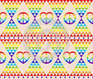 Vintage hippie seamless background with rainbow, hippie symbol, psychedelic abstract triangle colorful pattern