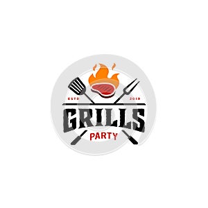 Vintage hipster Grill Barbeque invitation party barbecue bbq with crossed fork spatula and fire flame Logo design