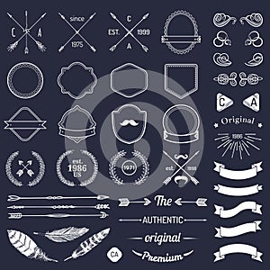 Vintage hipster logo elements with arrows,ribbons,feathers, laurels, badges. Emblem template constructor. Iicon creator.