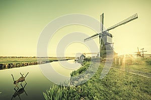Vintage Holland Landscape with Windmills
