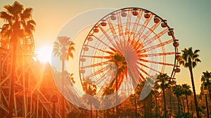 Vintage Hollywood Ferris Wheel With Palm Trees At Sunset