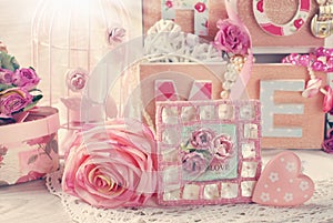 Vintage home still life in romantic style with faded colors