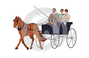 Vintage horse carriage. Coachman and ladies in 19th century chariot, old historic victorian transport. 18th cart cab