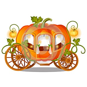 Vintage horse carriage of pumpkin with florid ornament isolated on white background. Sketch for a poster or card for the