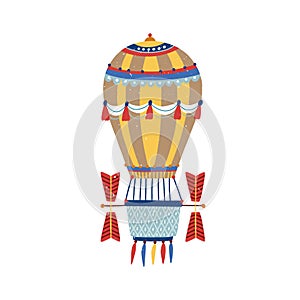 Vintage hot air balloon with colorful striped ornament vector flat illustration. Hand drawn flying aerostat with basket