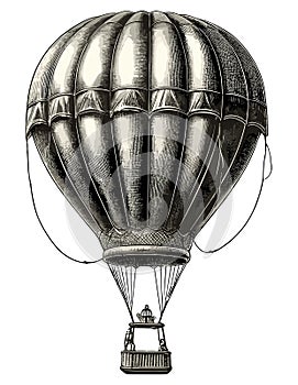 Vintage hot air balloon engraving. Old aerostat retro sketch vector illustration, antique airship with basket hand drawn