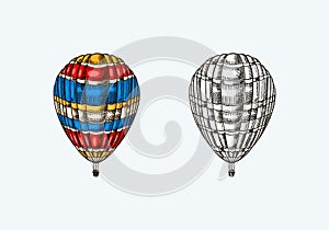 Vintage Hot Air Balloon. Vector retro flying airship with decorative elements. Template transport for Romantic logo