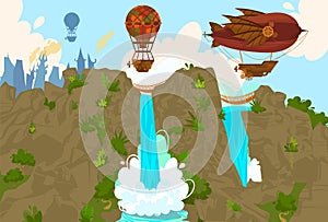 Vintage hot air balloons and airships at nature, waterpark steampunk cartoon vector illustration, retro flight in sky