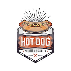 Vintage Hot Dog joint. Retro fast food illustration. Logo wiener design.