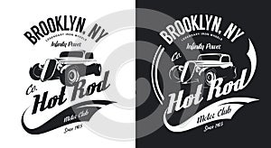 Vintage hot rod black and white tee-shirt isolated vector logo.