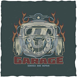 Vintage hot rod t-shirt label design with illustration of custom speed car