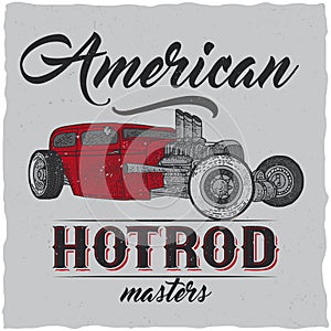 Vintage hot rod t-shirt label design with illustration of custom speed car