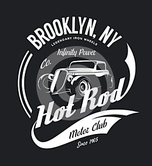 Vintage hot rod vector tee-shirt logo isolated on dark background.