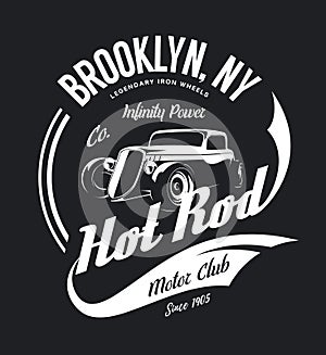 Vintage hot rod vector tee-shirt logo isolated on dark background. photo