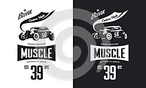 Vintage hot rod vehicle black and white isolated vector tee-shirt logo.