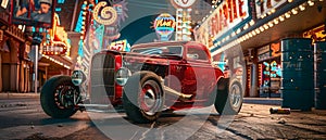 Vintage hot rods parked outside old Las Vegas casinos with neon signs sculptures and cans on a