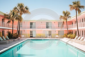 Vintage hotel with swimming pool in yard at tropical resort. Generative AI