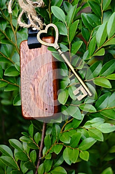 Vintage house key with wooden home keyring on green leaf background, property concept, copy space