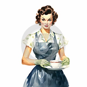 Vintage Housewife Illustration: Retro Woman In Apron With Tea Cup