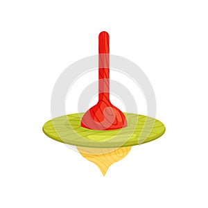 Vintage humming top. Small wooden whirligig toy. Children item for play on the ground. Flat vector icon