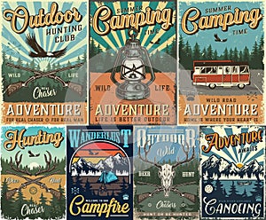 Vintage hunting and camping colorful posters