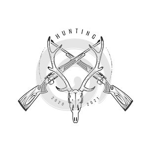 Vintage hunting emblem with crossed rifles and skull of deer, hunter trophy, guns and horns