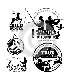 Vintage hunting and fishing vector labels, logos emblems set