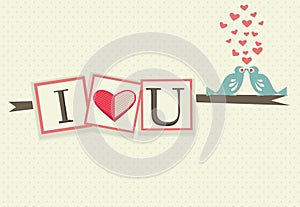 Vintage I Love You text with cute bird couple, hearts greeting card dot pattern background for Valentines day, wedding,dating 