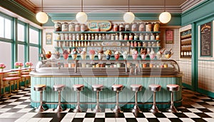 Vintage Ice Cream Parlor with Retro Decor and Checkered Flooring