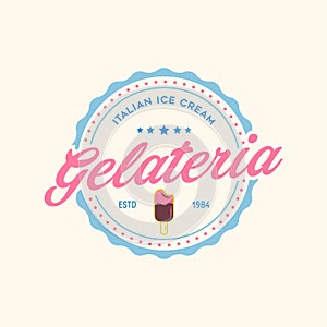 Vintage ice cream shop logo badge and label, gelateria sign. Retro logotype for cafeteria or bar