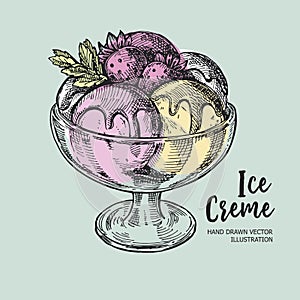 Vintage ice cream. Sketch icecream object. Vector illustration.