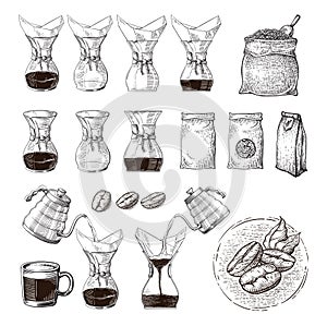 Illustration of alternative brewing of chemex with pushing hand scheme process photo