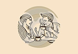 Vintage illustration design of man and woman are chatting over coffee