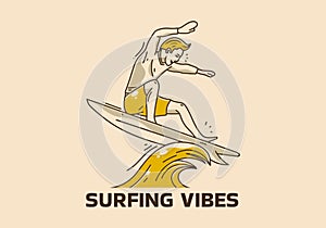 Vintage illustration of man surfing on the waves