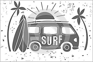 Vintage illustration of mini van with lettering, sun, two surfboards and palm trees. Extreme water sport. Monochrome