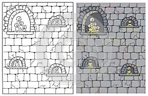 Vintage illustration with old medieval castle wall of stone, gothic windows with candles