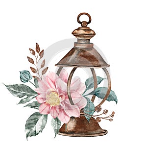 Vintage illustration. Old rusty kerosene lamp lantern and bouquet with a beautiful dahlia flower and leaves.