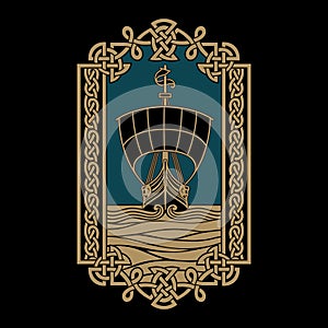 Vintage illustration in the Old Scandinavian style. Drakkar sailboat and frame with ancient Scandinavian Celtic ornament