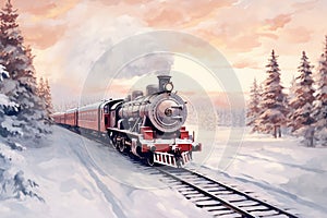 Vintage illustration of an old train decorated for Christmas. Steam locomotive, passenger cars and snowy scenery.