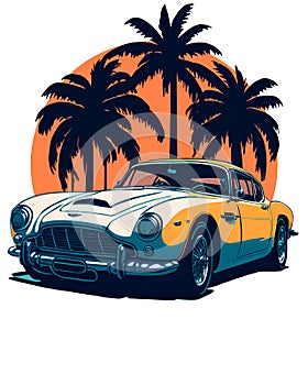 Vintage illustration of a retro sport car in summer with palmtrees and sunset