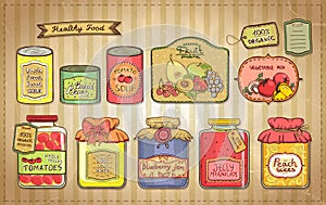 Vintage illustration set of canned goods and tags.
