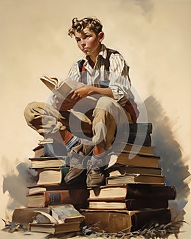 Vintage illustration of a student reading on a pile of books