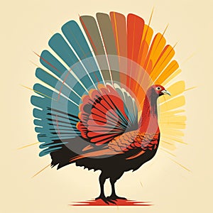 vintage illustration of a turkey with colorful feathers on a beige background