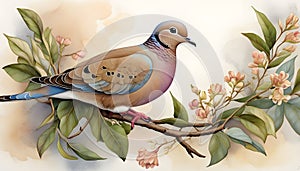 Vintage illustration two mourning doves cherry blossom branch soft pastel colors botanical art photo