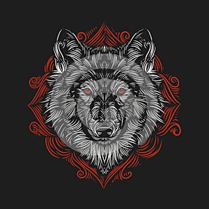 Vintage illustration wolf`s head against the background of a red ornament