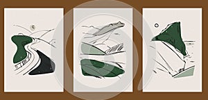 Vintage illustrations in boho style with mountains, cliffs, road, thin lines.