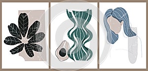 Vintage illustrations with geometric shapes  plants  woman\'s face  vases  avocado  waves.