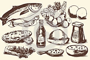 Vintage illustrations of various natural farm products such as meat, cheese, bread, milk, eggs, fish, and vegetables