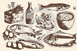 Vintage illustrations of various natural farm products such as meat, cheese, bread, milk, eggs, fish, and vegetables